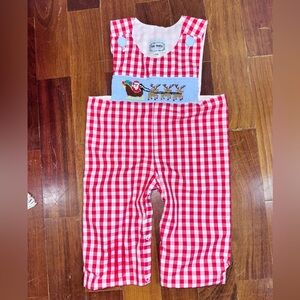 Red and White Gingham Overalls with Santa Smocking